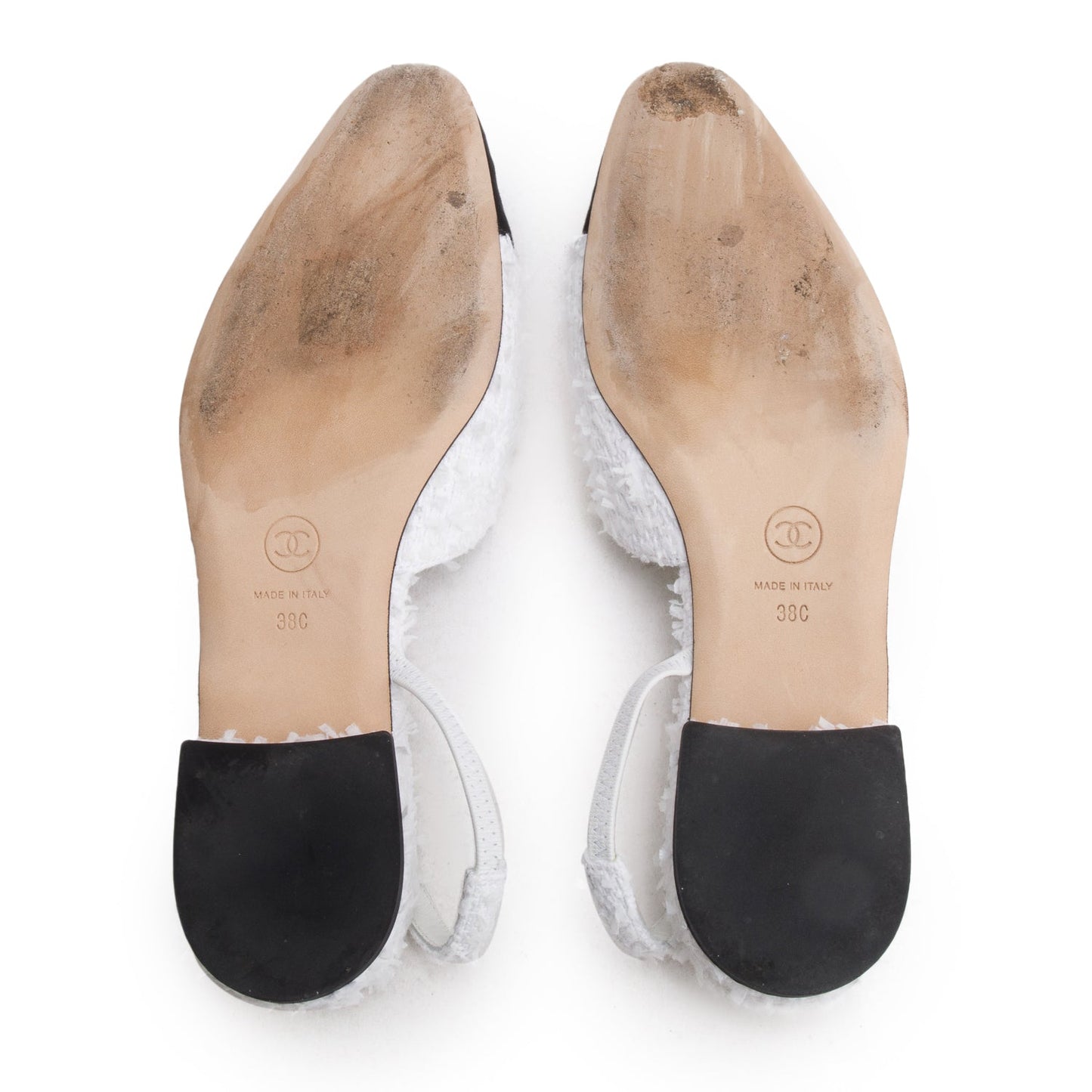 Chanel White Tweed Cap Toe CC Slingback Flat, Size 38