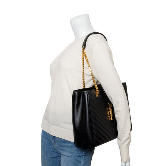 Saint Laurent Black Grain de Poudre Matelasse Chevron Monogram Shopping Bag
