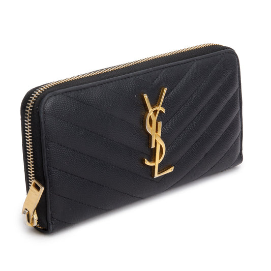 Saint Laurent Black Grained De Poudre Cassandre Matelasse Zip Around Wallet