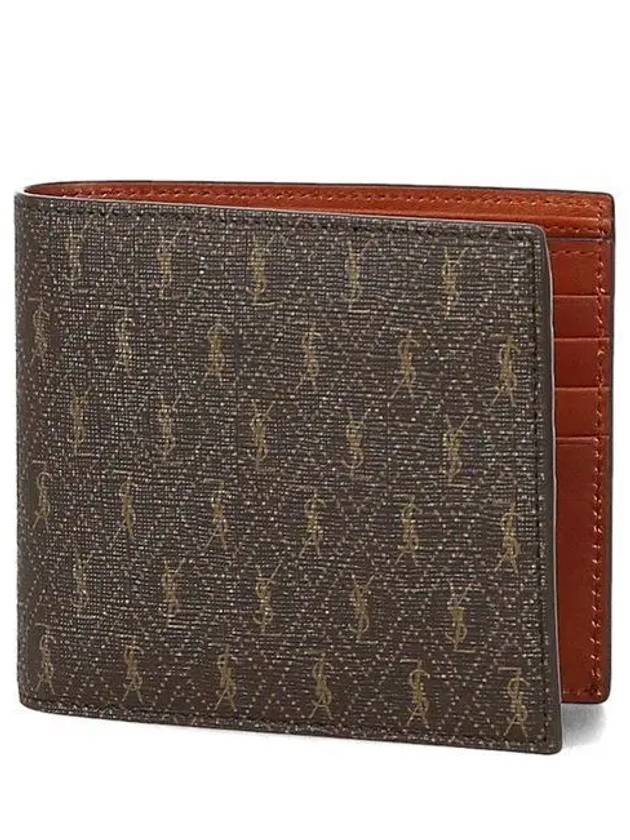 Luxury Saint Laurent Trending 2025 Men’s Monogram Canvas and Smooth Leather Half Wallet Chestnut