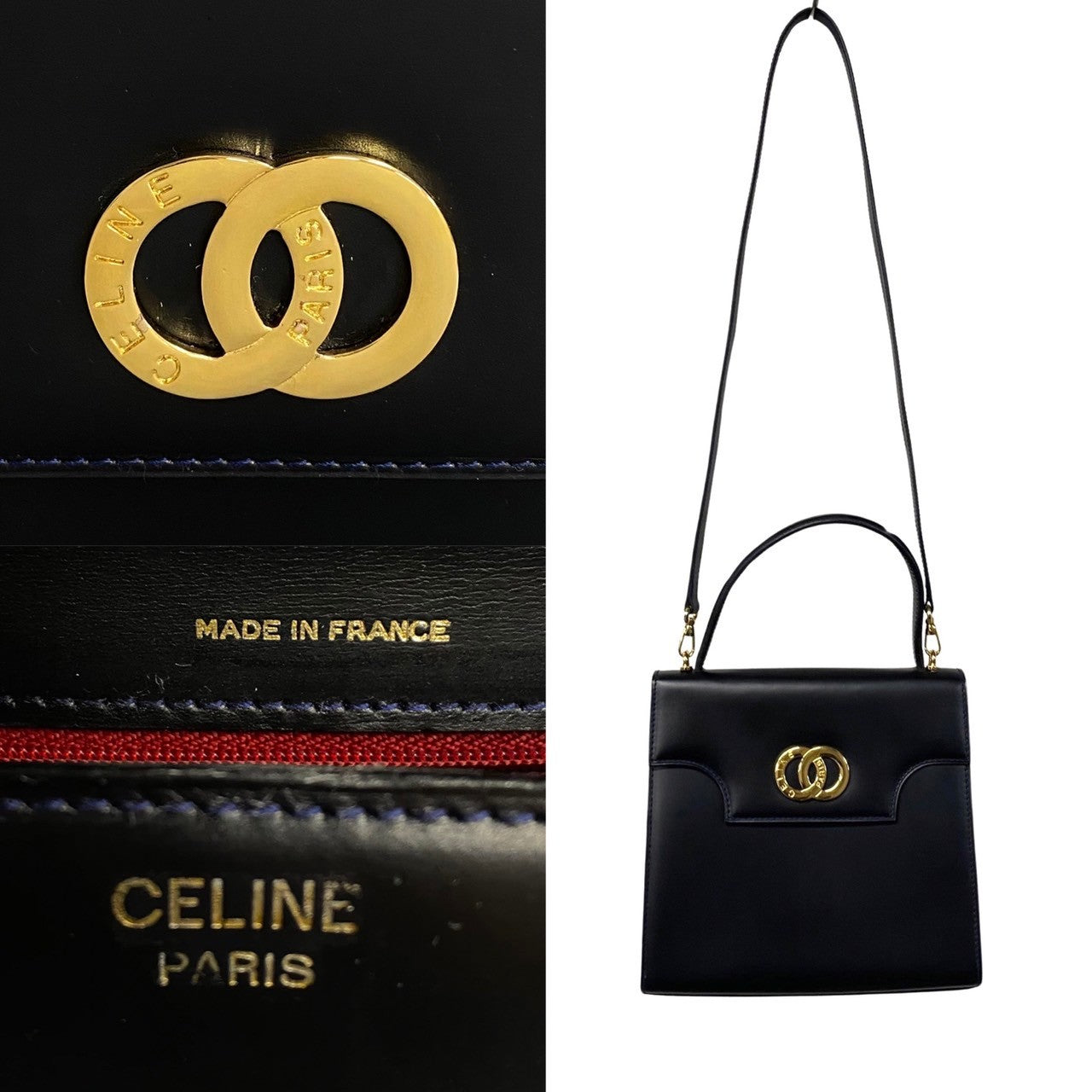 CELINE Shoulder Bag Calfskin Navy Circle Logo Metal Women