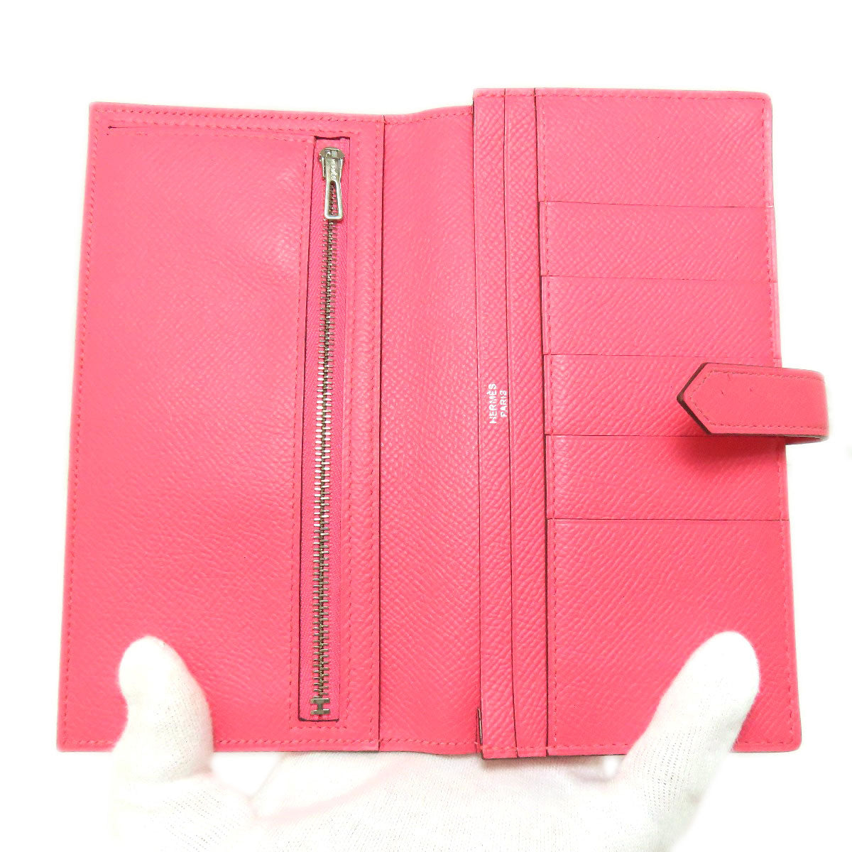 HERMES Long Wallet Purse Epsom pink Bearn Soufflet Rose Lipstick Silver Metal