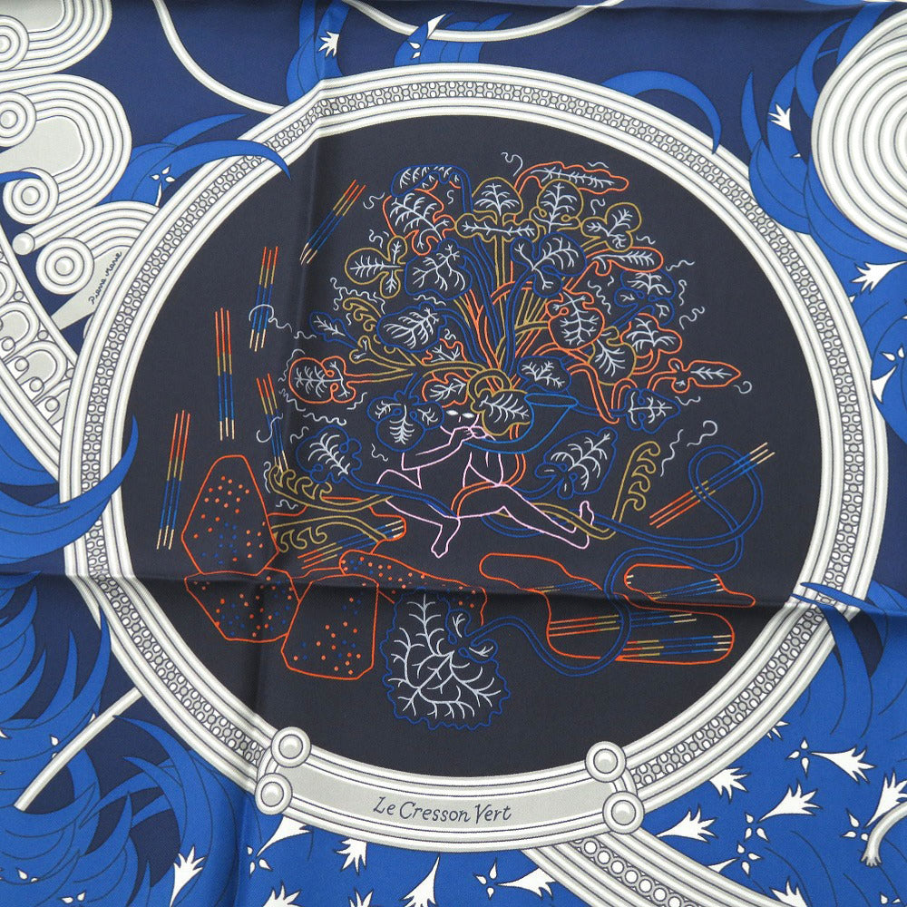 HERMES scarf silk blue Carre90 LEGENDE BRODEE A legend woven with embroidery Women