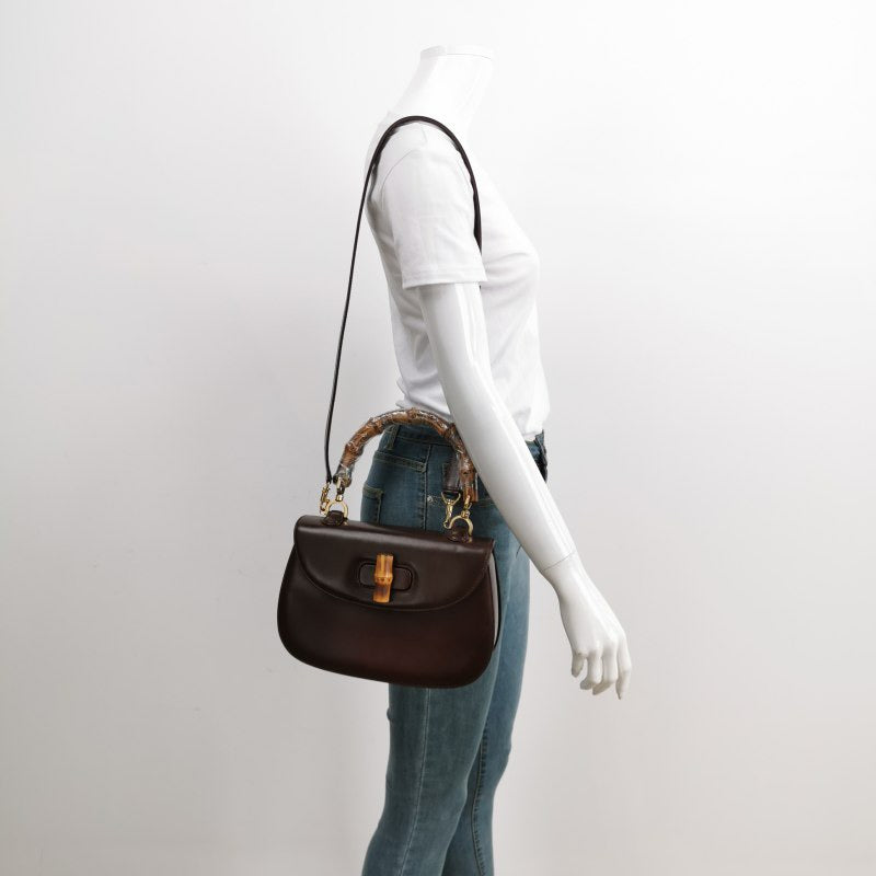 Gucci Bamboo 1947 Top Handle Bag Box Leather Medium Brown Purple