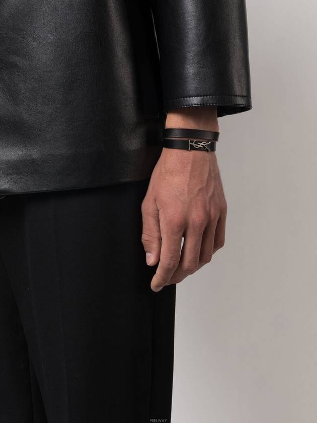 Luxury Saint Laurent Trending 2025 Silver Logo Leather Bracelet Black