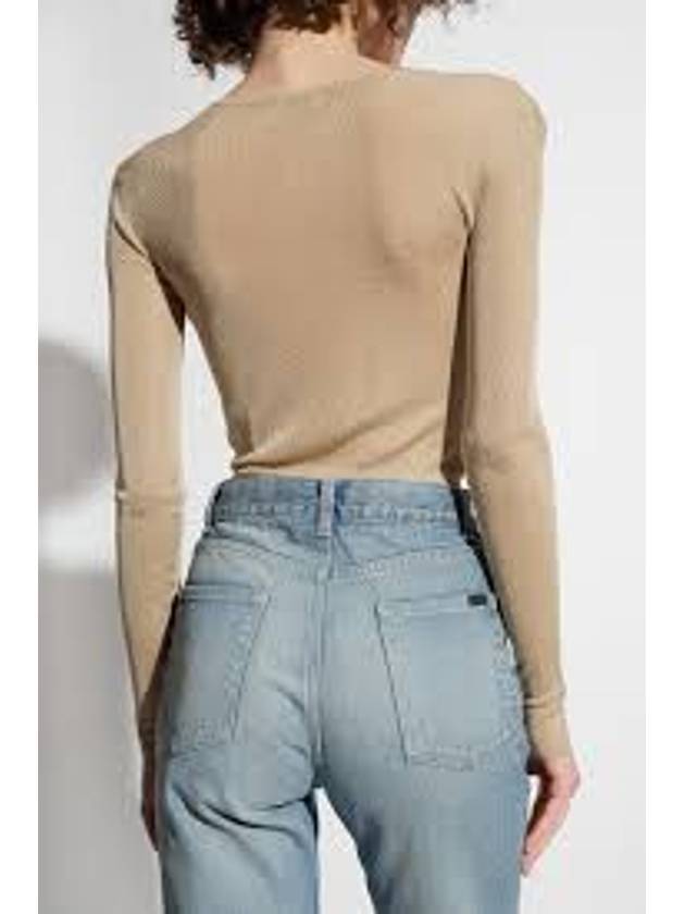 Luxury Saint Laurent Trending 2025 Rib Detail Viscose Crop Long Sleeve T-Shirt Beige
