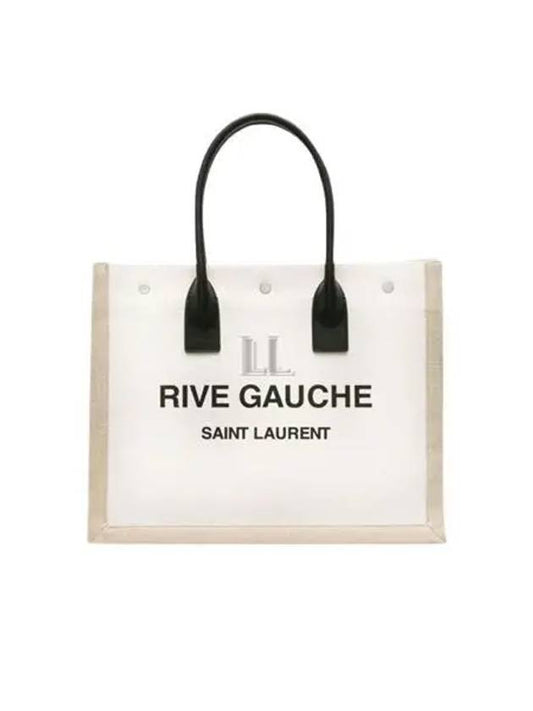 Luxury Saint Laurent Trending 2025 Rive Gauche Logo Linen Leather Small Tote Bag Beige