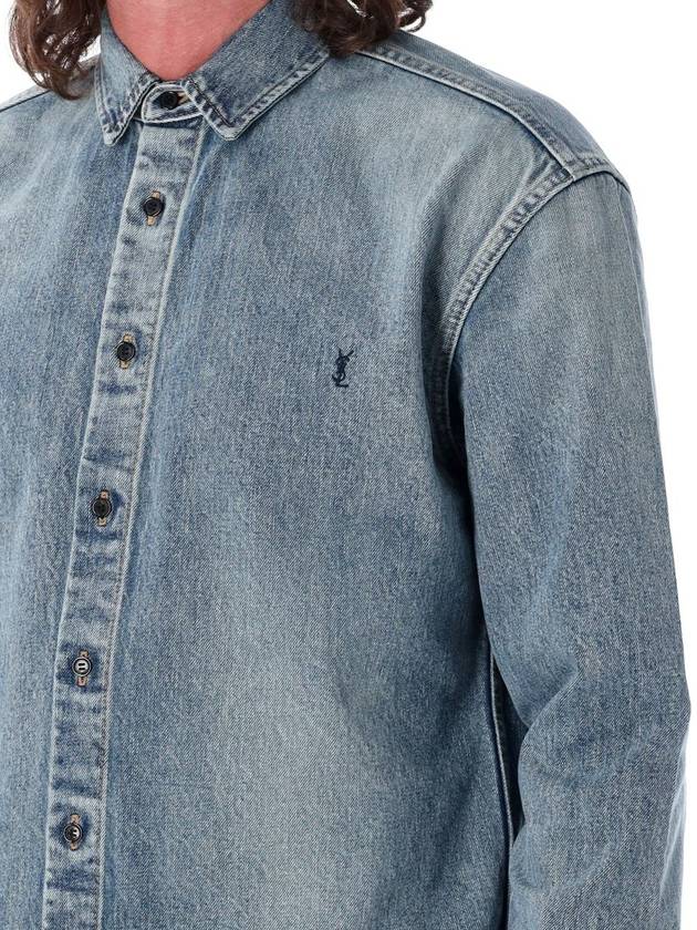 Luxury Saint Laurent Trending 2025 Men's Cassandre Logo Denim Long Sleeve Shirt Blue