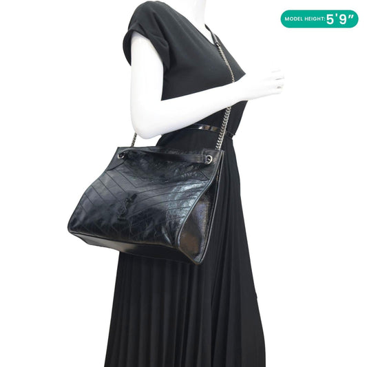 YVES SAINT LAURENT Niki Crinkle Leather Shopper Tote Bag Black