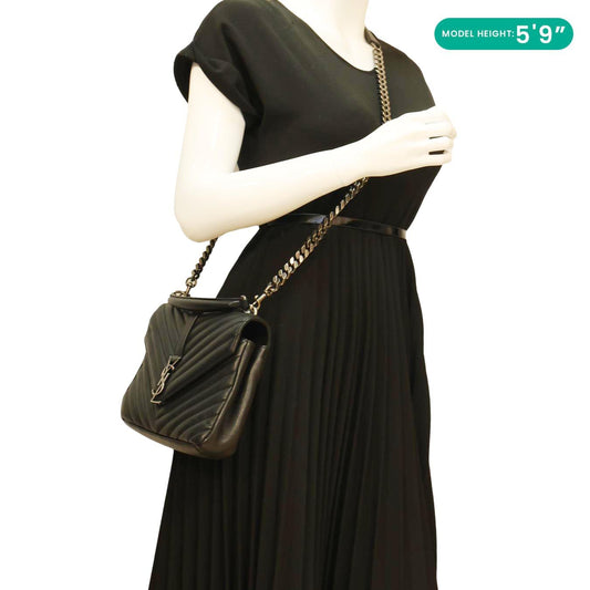 YVES SAINT LAURENT College Medium Monogram Chevron Leather Crossbody Bag Black