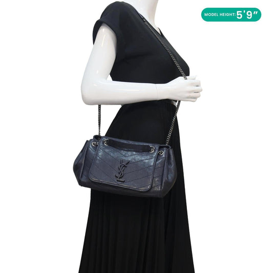YVES SAINT LAURENT Vintage Monogram Nolita Chevron Leather Shoulder Bag Navy Blue