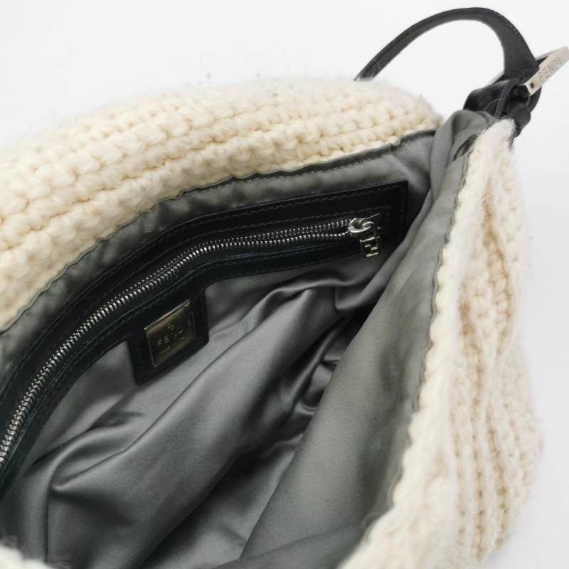 Fendi Mamma Baguette White Crochet Pompom Shoulder Bag