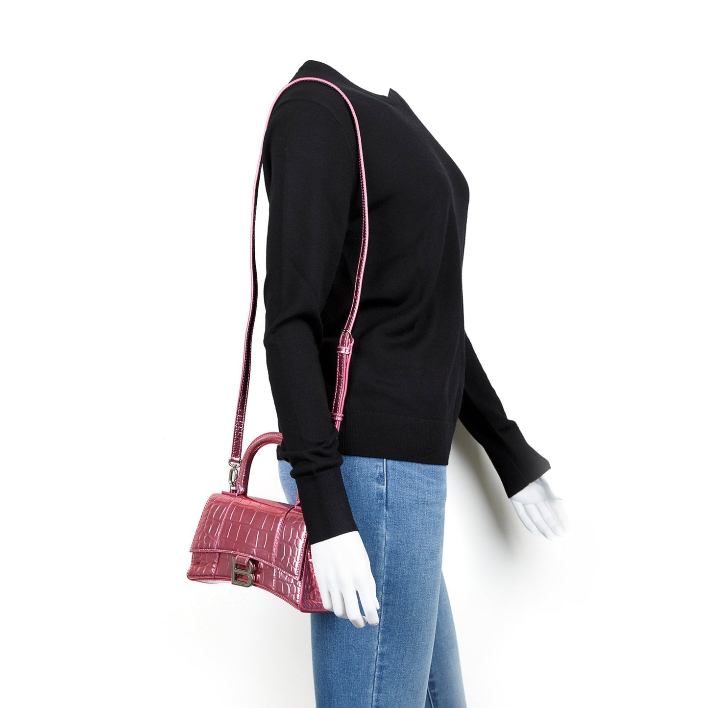 Balenciaga Pink Metallic Croc-Embossed Hourglass XS Top Handle Bag