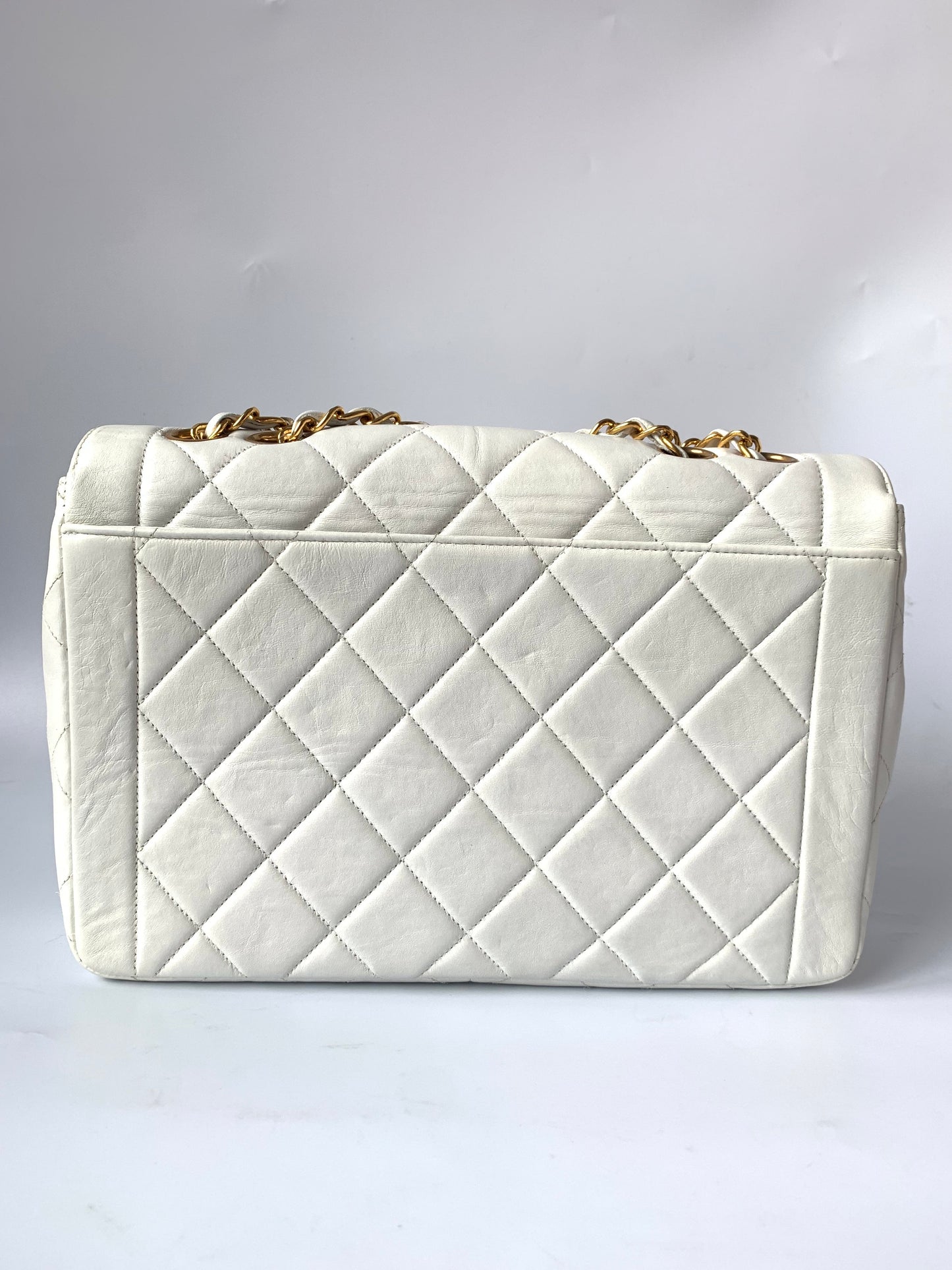 Chanel Classic Flap 1996 White Leather 24k Gold Plated Giant CC Logo