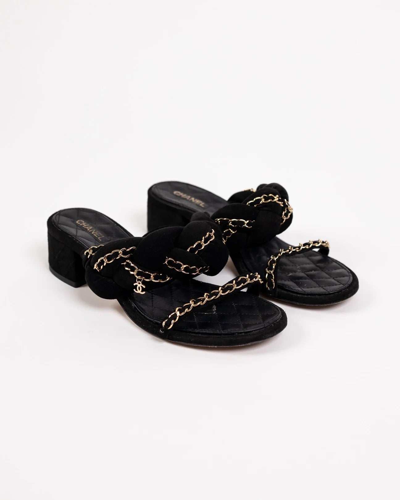 CHANEL SUEDE BRAIDED CHAIN CC CHARM MULES