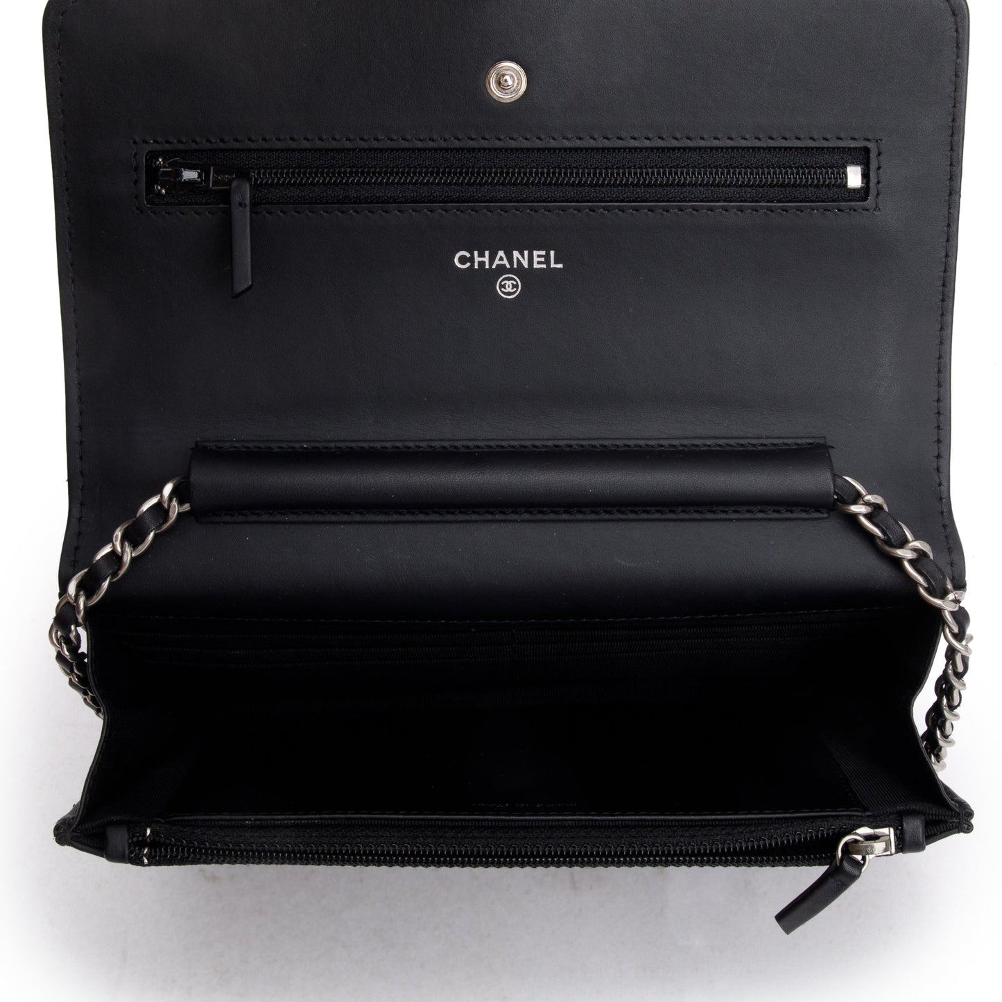 Chanel Black Quilted Patent Leather Classic Wallet on Chain