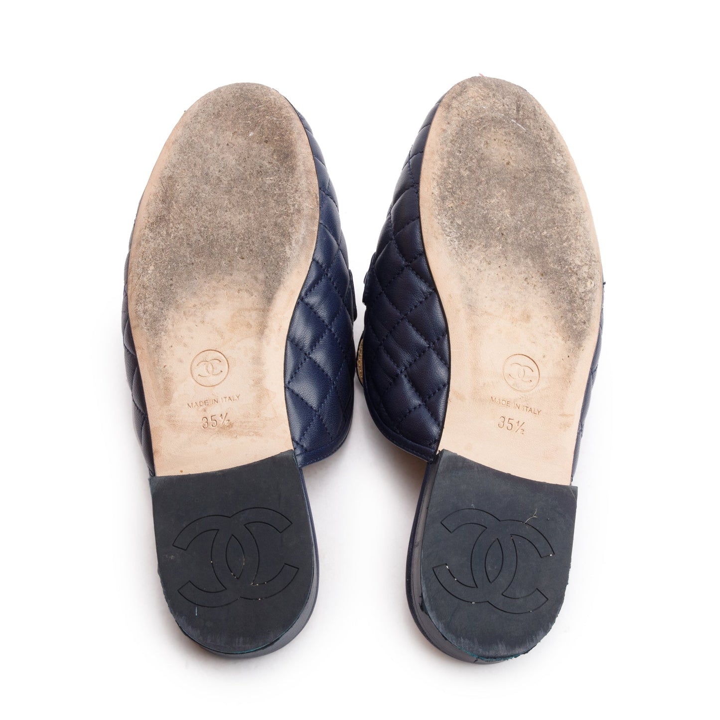 Chanel Navy Quilted Lambskin Leather Interlocking CC Logo Chain Accent Mules, Size 35.5