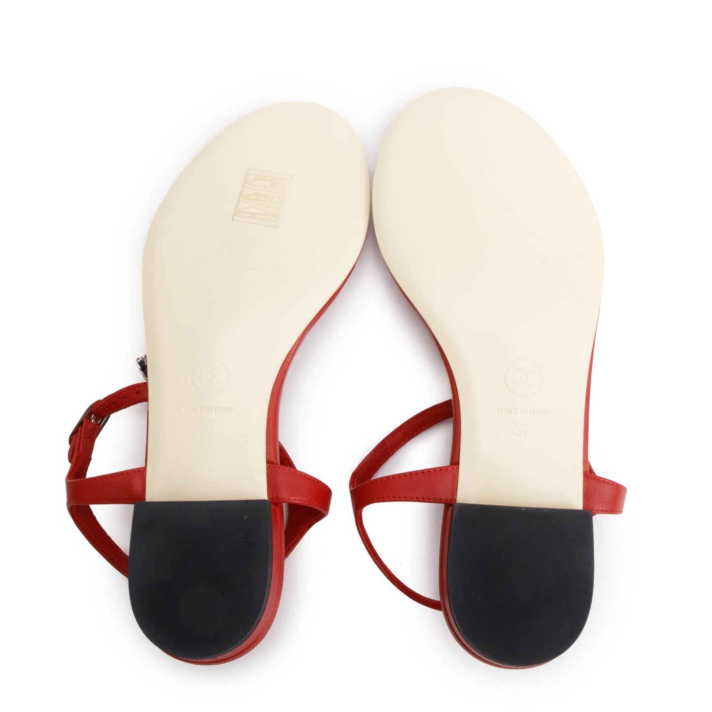 Chanel Red Calfskin Leather CC Logo T-Strap Sandals, Size 37