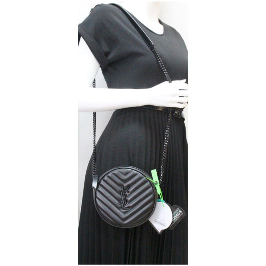 YVES SAINT LAURENT Vinyle Round Chevron Leather Camera Crossbody Bag Black
