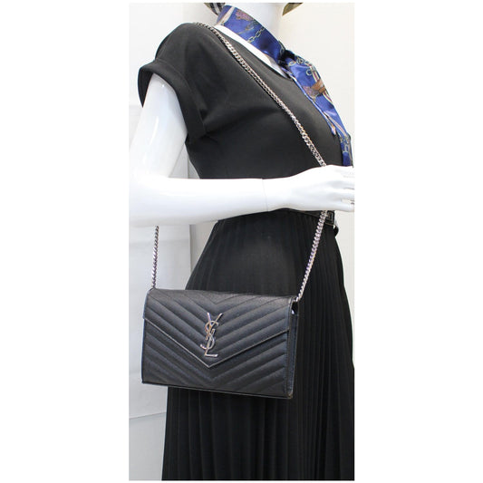 YVES SAINT LAURENT Envelope Leather Crossbody Chain Wallet Black