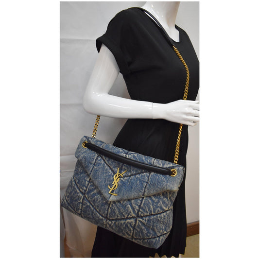 YVES SAINT LAURENT Vintage Puffer Medium Denim Canvas Shoulder Bag Blue
