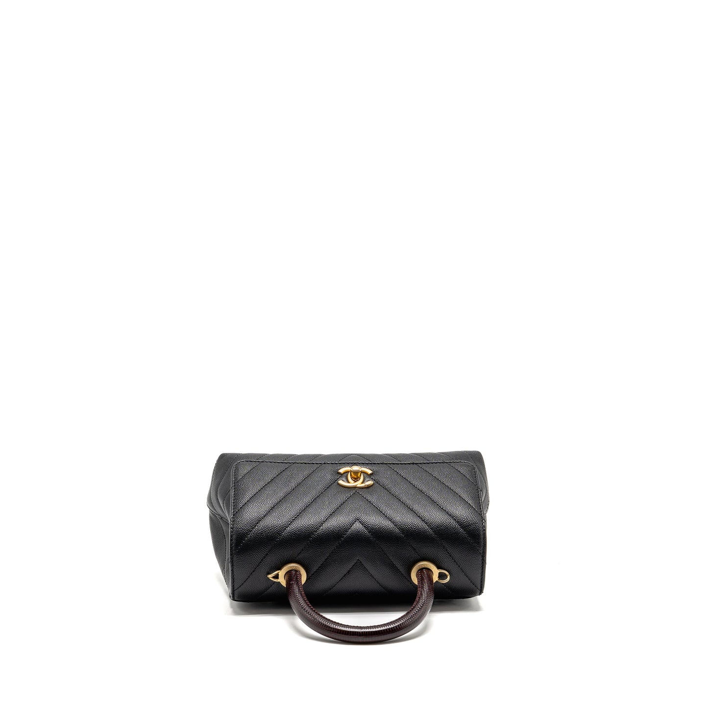 Chanel small coco handle with lizard embossed handle chevron caviar black GHW