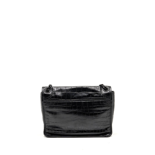 Saint Laurent/ Medium Niki Purse Crocodile-Embossed Black Calfskin Black Hardware