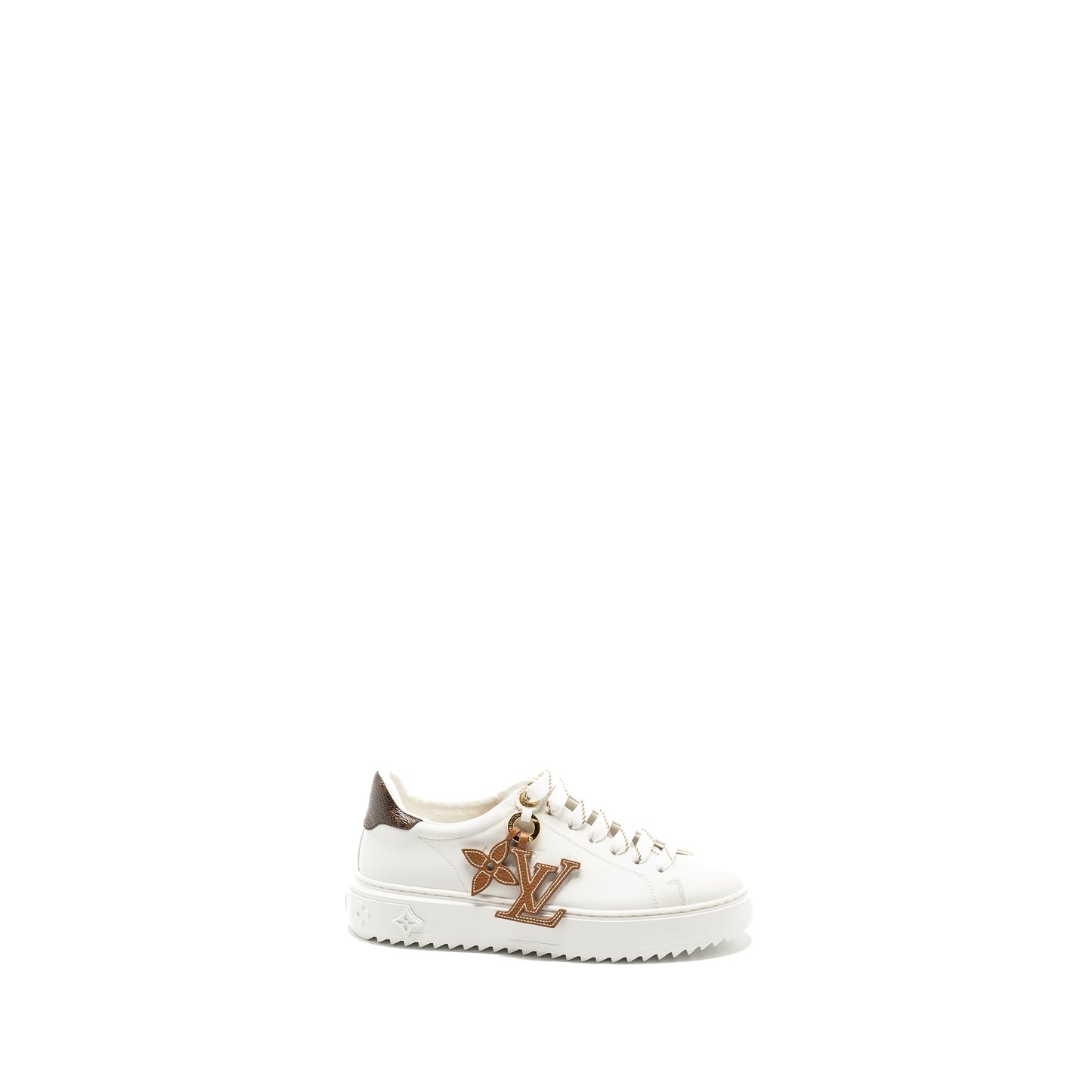 Louis Vuitton Size 37 Time Out Sneaker with Monogram and Flower Charm Calfskin White
