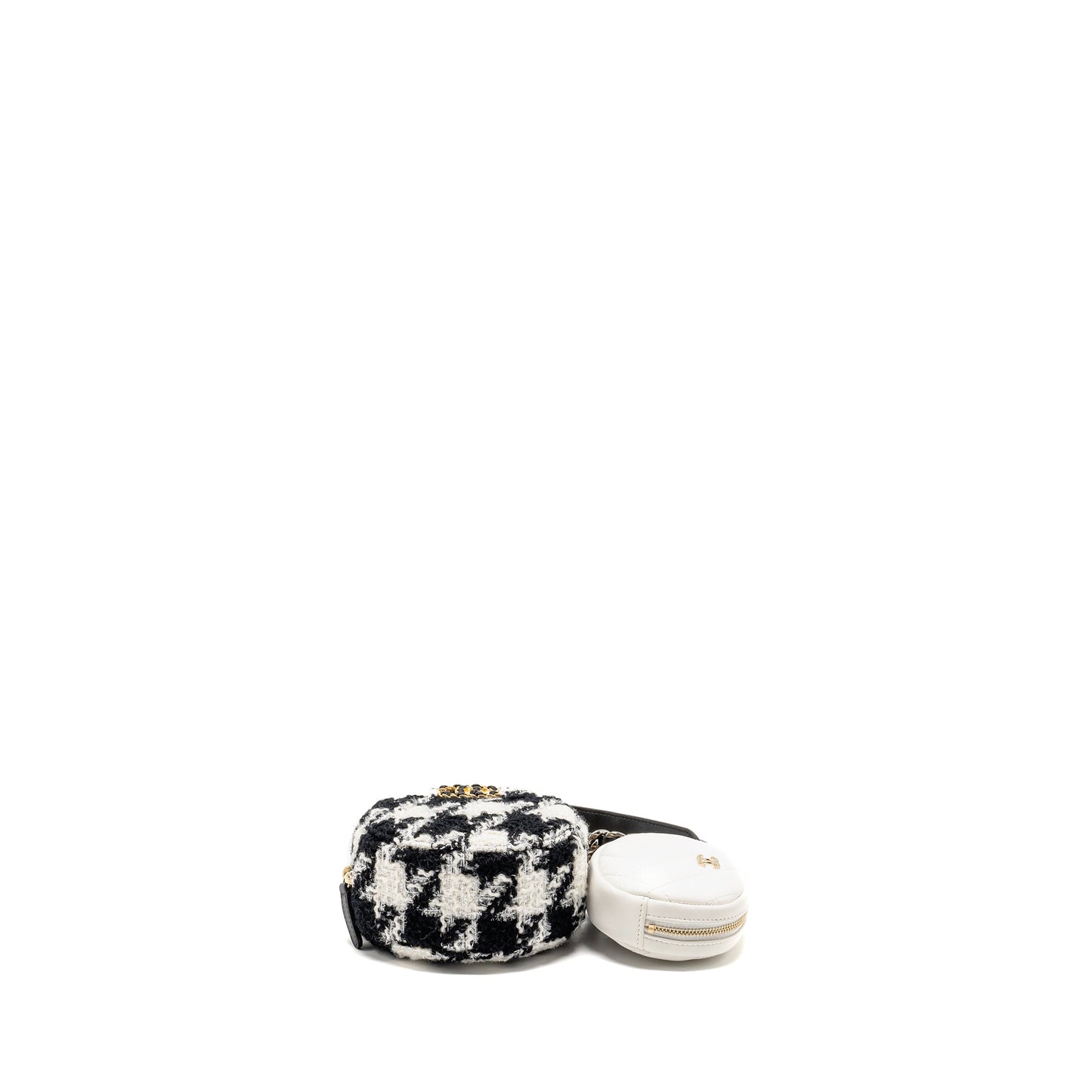 Chanel 19 round clutch with chain with coin purse tweed / lambskin black/ white GHW