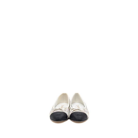 Chanel Size 37.5 23C Ballerinas Flat Shoes Glittered Fabric/Grosgrain White/Multicolour/Black