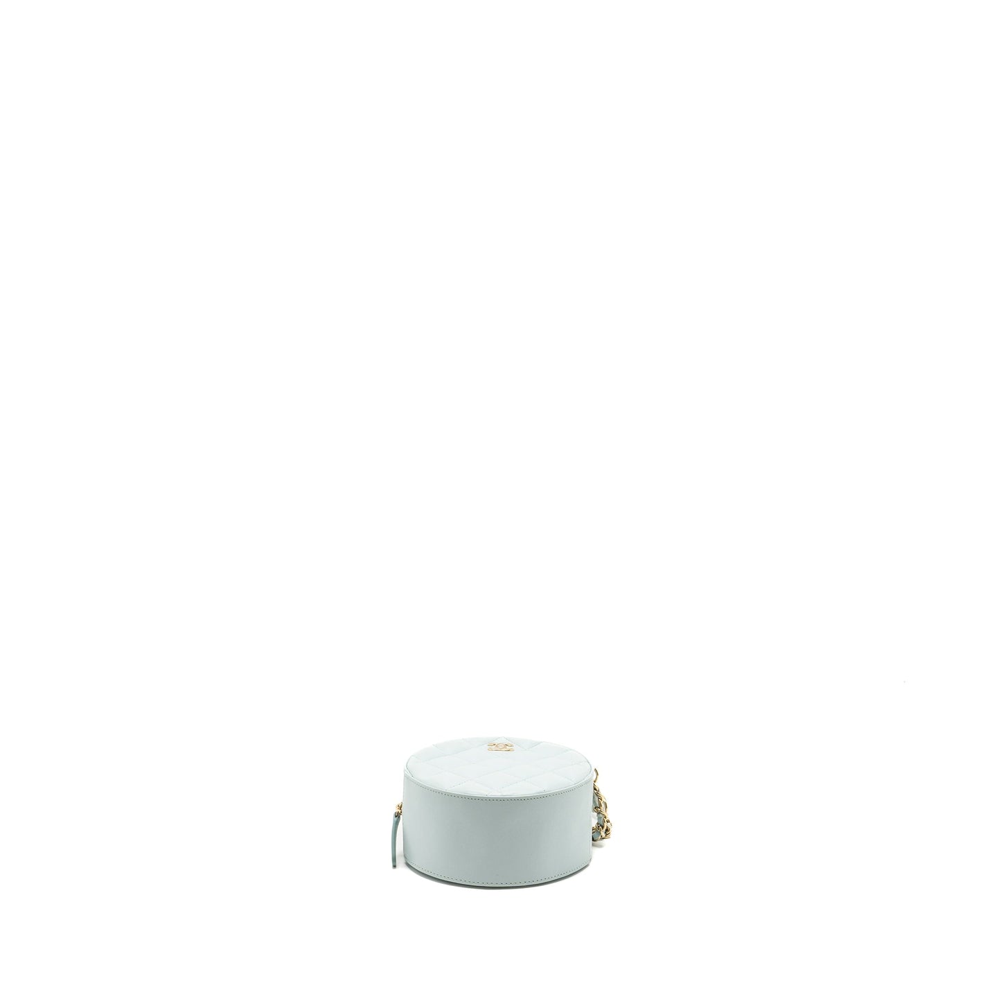 Chanel Mini Round Vanity With ribbon on chain Lambskin Light Blue LGHW