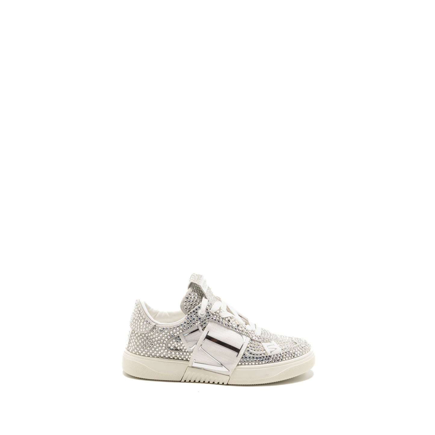 Valentino Size 37.5 Crystal-embellished Sneaker Calfskin White/Silver