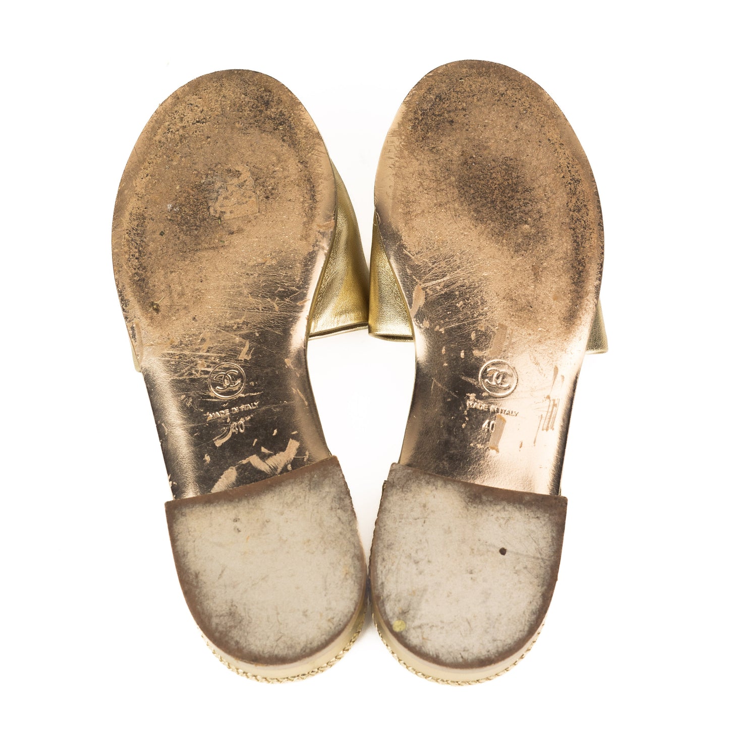 Chanel Laminated CC Logo Gold Slides