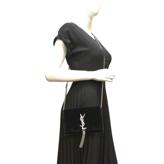 YVES SAINT LAURENT Crystal Kate Medium Tassel Velvet Crossbody Bag Dark Green