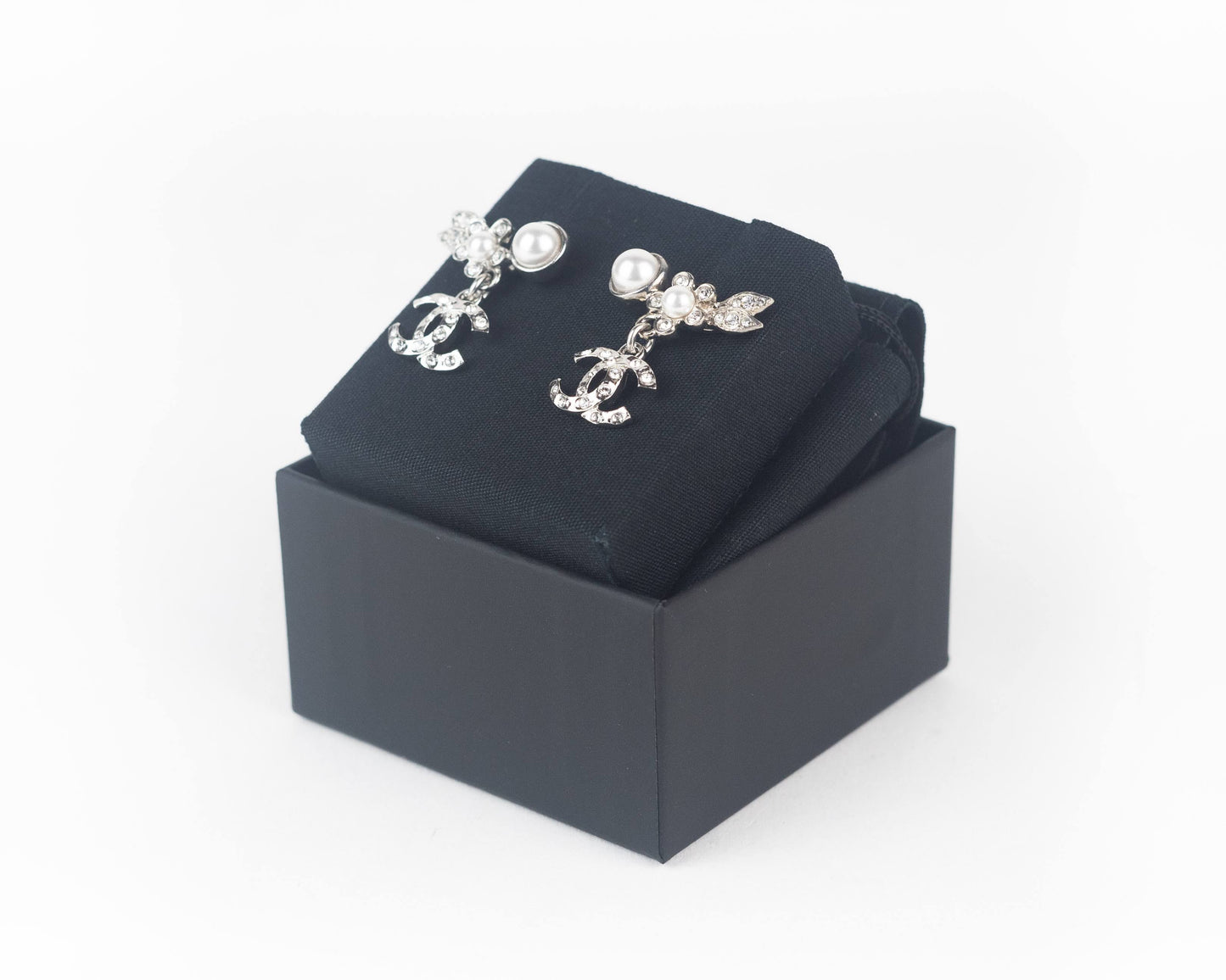 Chanel Pearly White and Crystal Silver Earrings