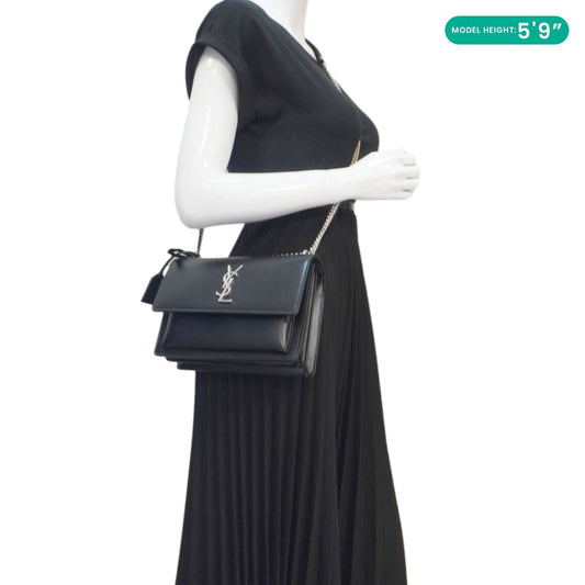 YVES SAINT LAURENT Sunset Monogram Leather Shoulder Bag Black