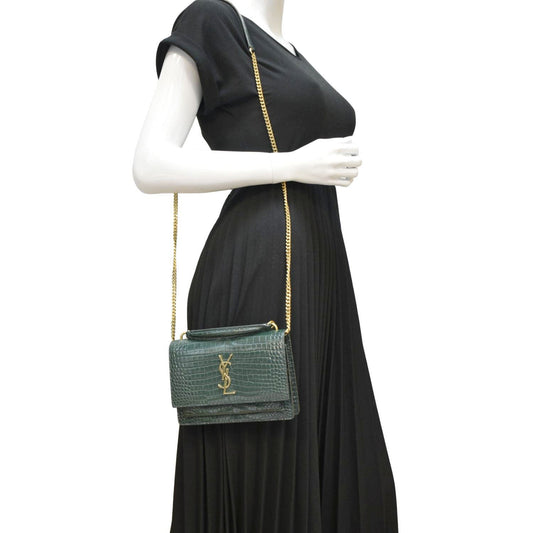 YVES SAINT LAURENT Sunset Crocodile Embossed Leather Crossbody Bag Green