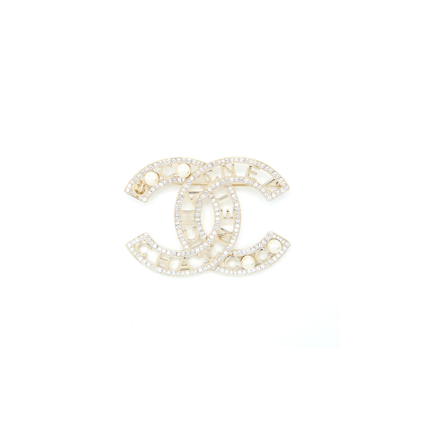 Chanel Large Model CC Logo with Crystal/Pearl Brooch Light Gold Tone