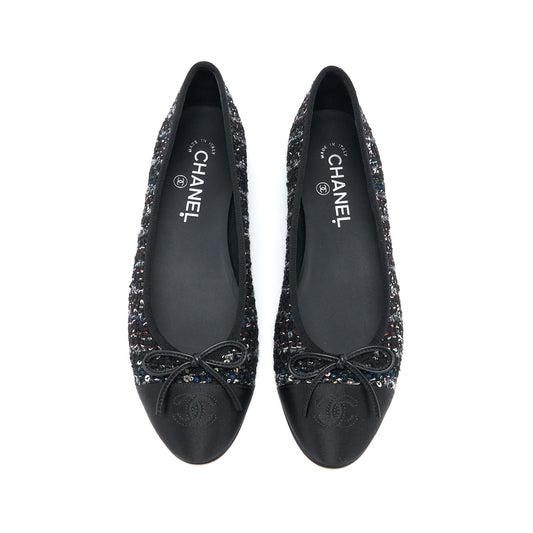 Chanel Size 39 Ballerina Flat Shoes Tweed/Satin Black/Multicolour