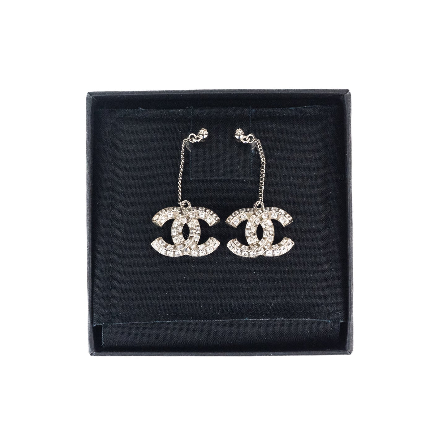 Chanel Silver Metal and Crystal Strass Dangling CC Earrings