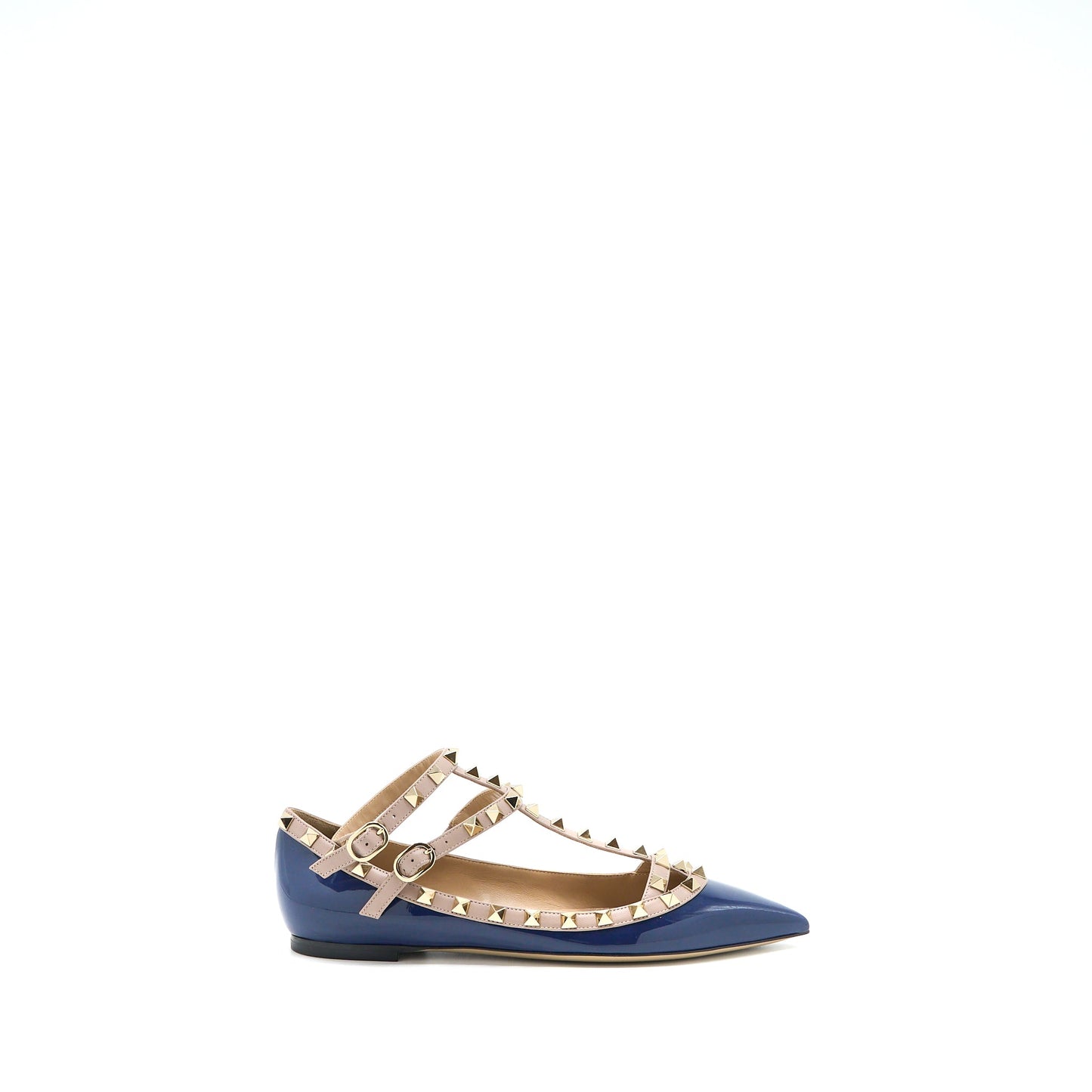 Valentino Size 38 Garavani Rockstud Ballet Flat Caged Patent Navy