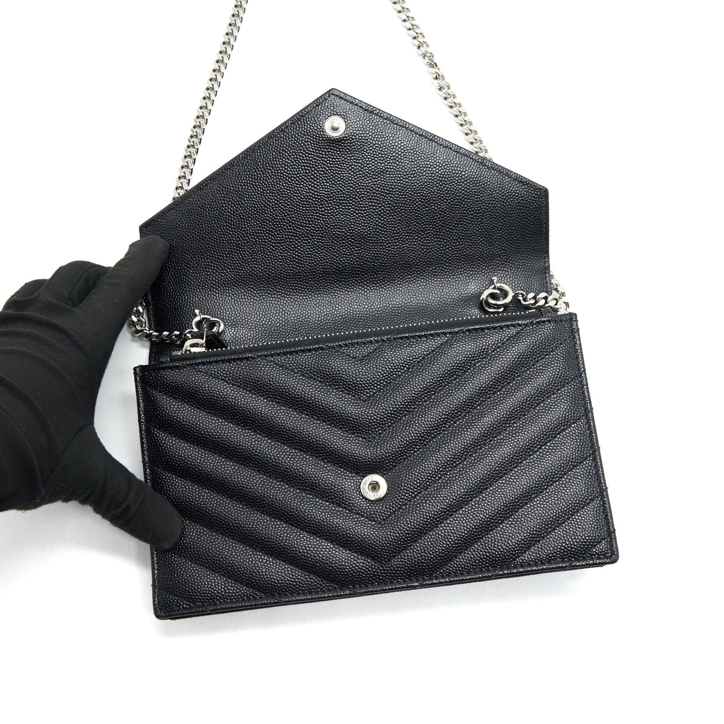 Saint Laurent Grained Calfskin Envelope Wallet on Chain Black