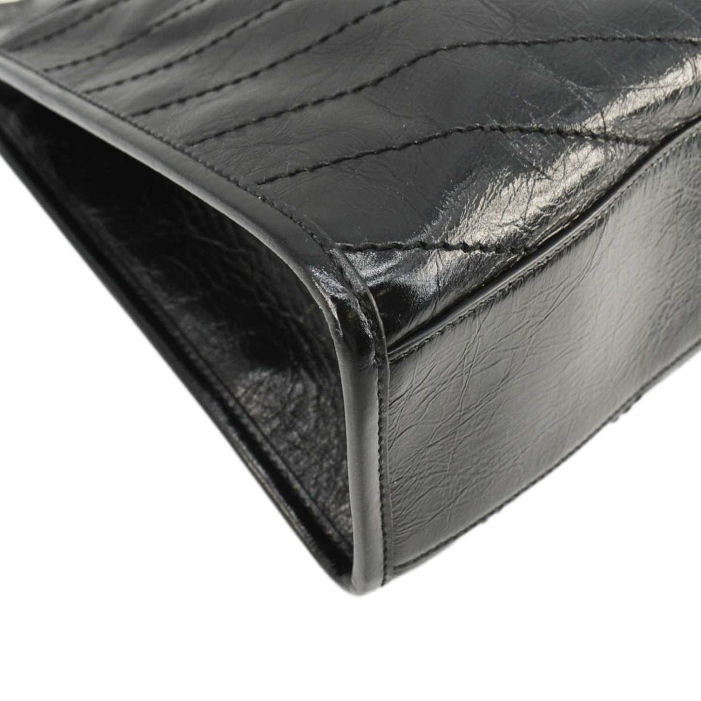 YVES SAINT LAURENT Niki Crinkle Leather Shopper Tote Bag Black