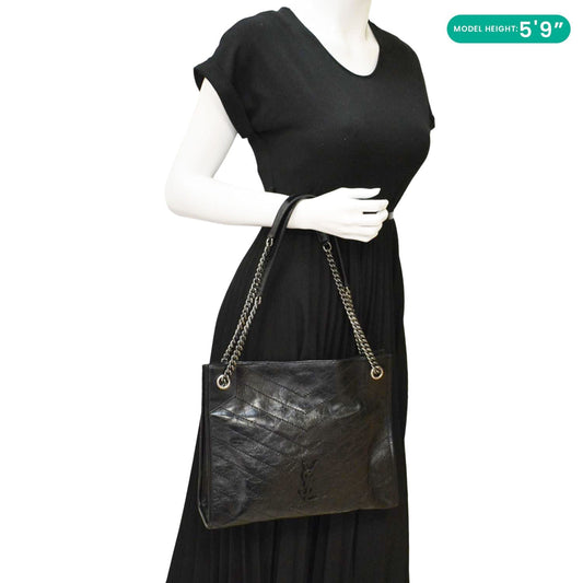 YVES SAINT LAURENT Niki Crinkle Leather Shopper Tote Bag Black