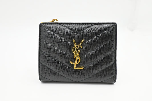 YSL Saint Laurent Compact Wallet in Black Pebbled Leather