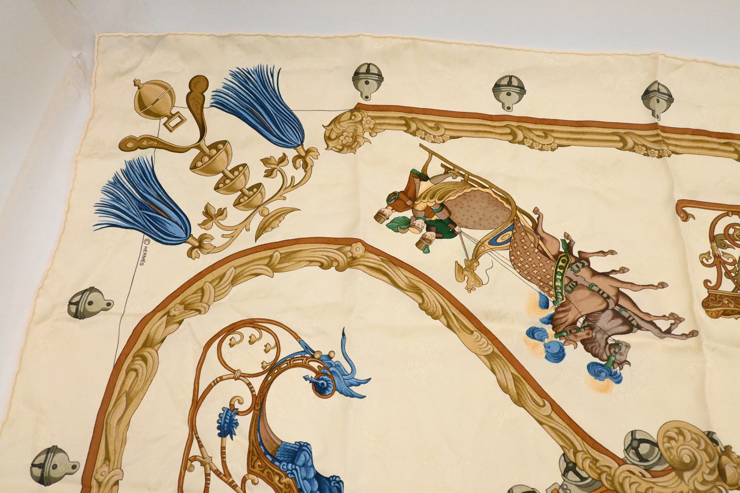 Hermes 'Plumes et Grelots' Carre 90 in Cream Jacquard Silk