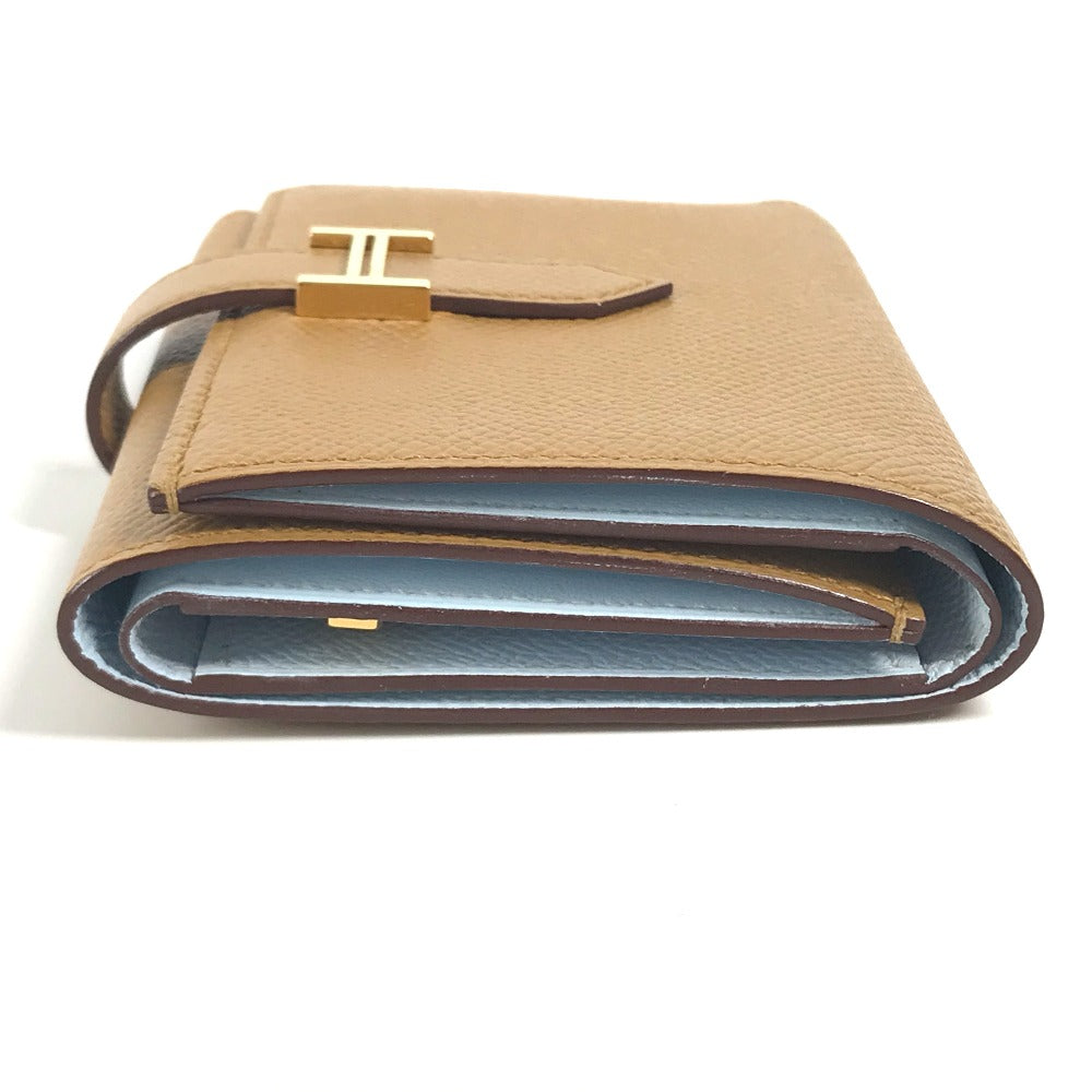 HERMES Trifold wallet Epsom Brown x light blue H logo bicolor Bean combine Women