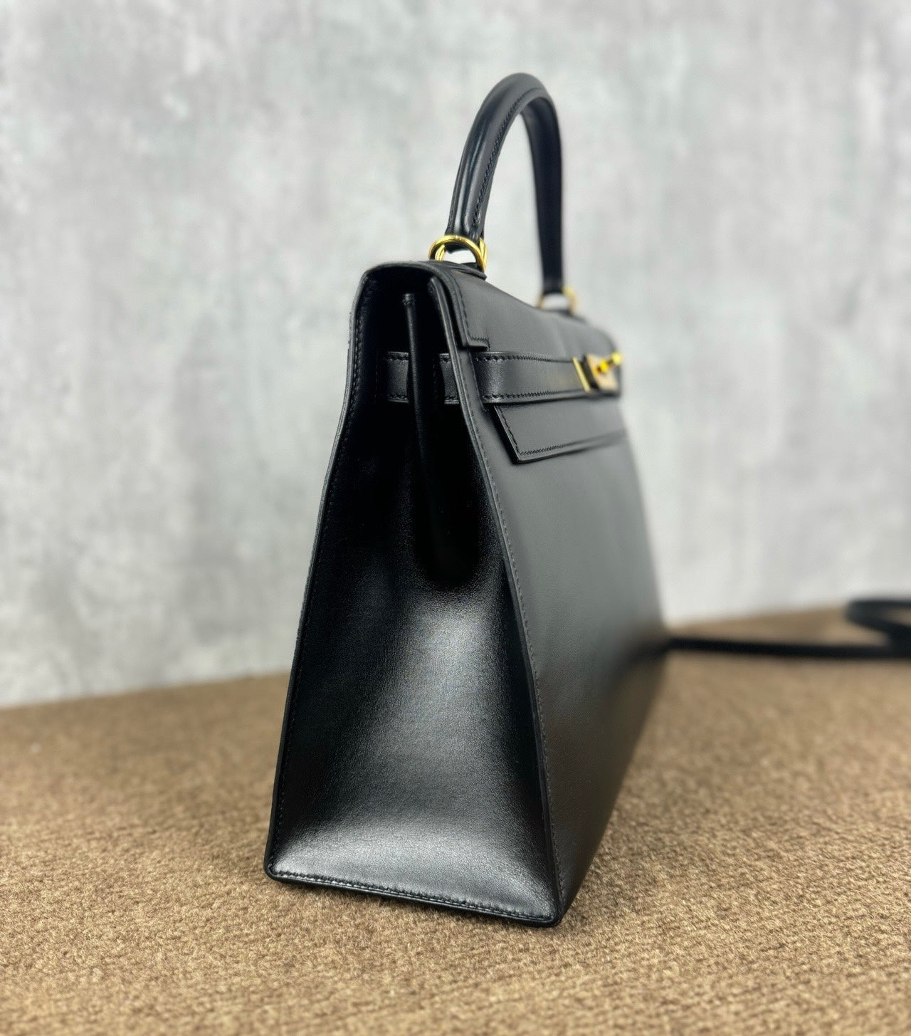Hermes Kelly 32 Sellier Black Box Leather Double Ring Gold HW