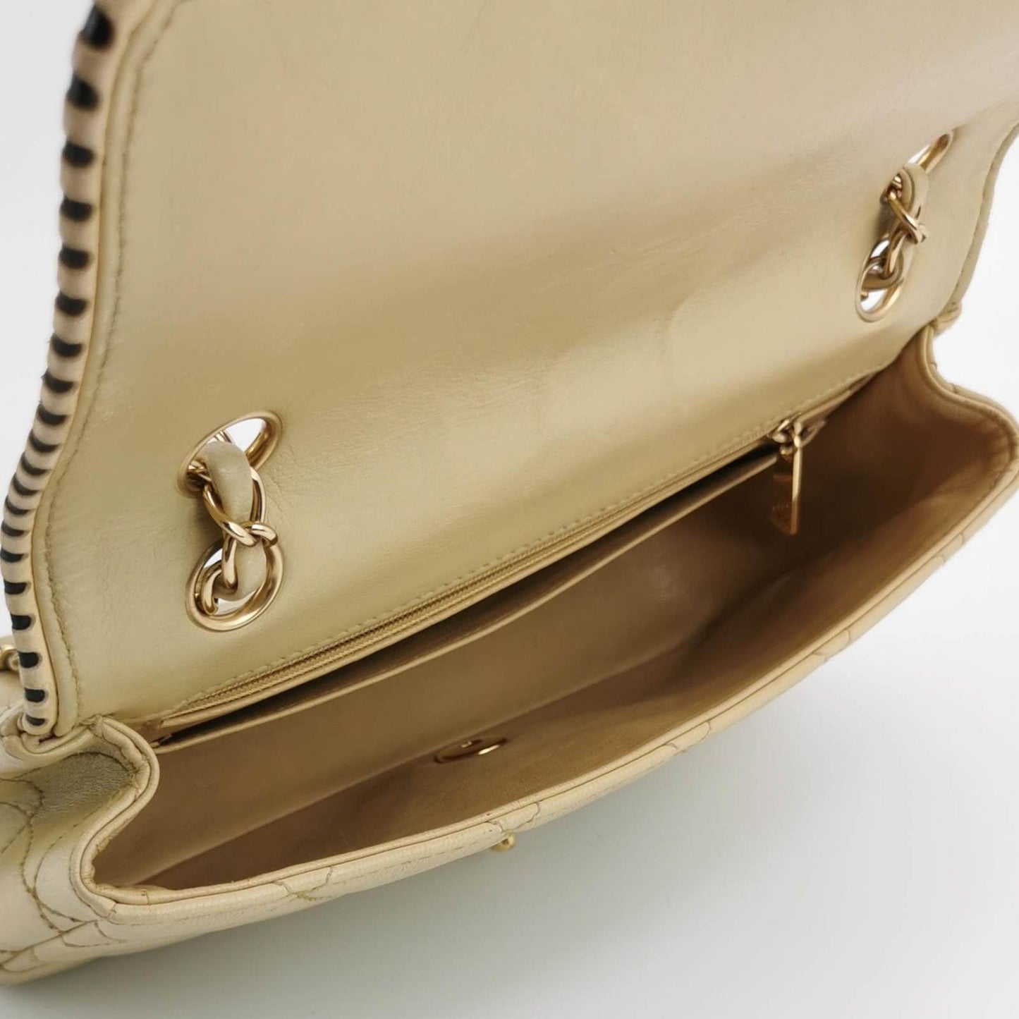 Chanel Classic Flap Medium Happy Stitch Beige Leather with Contrast Black Trim