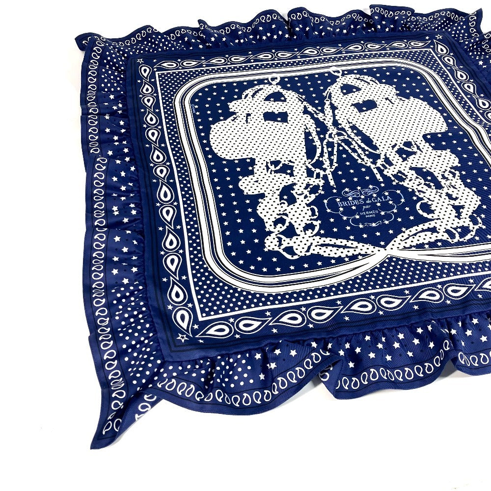 HERMES scarf silk Navy Carre70 Frill BRIDES DE GALA A POIS